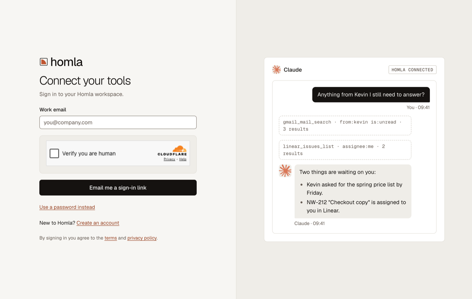 The Homla sign-in page with a Work email field and an Email me a sign-in link button