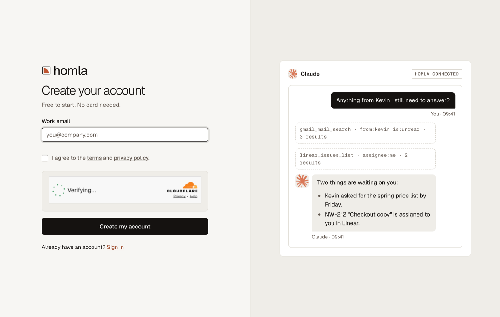 The Homla sign-up page with a work email field and a Create my account button